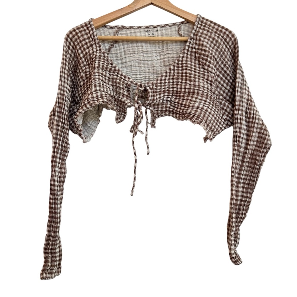 Urban Outfitters Out From Under Crop Top Size M Long Sleeve Brown White Cotton